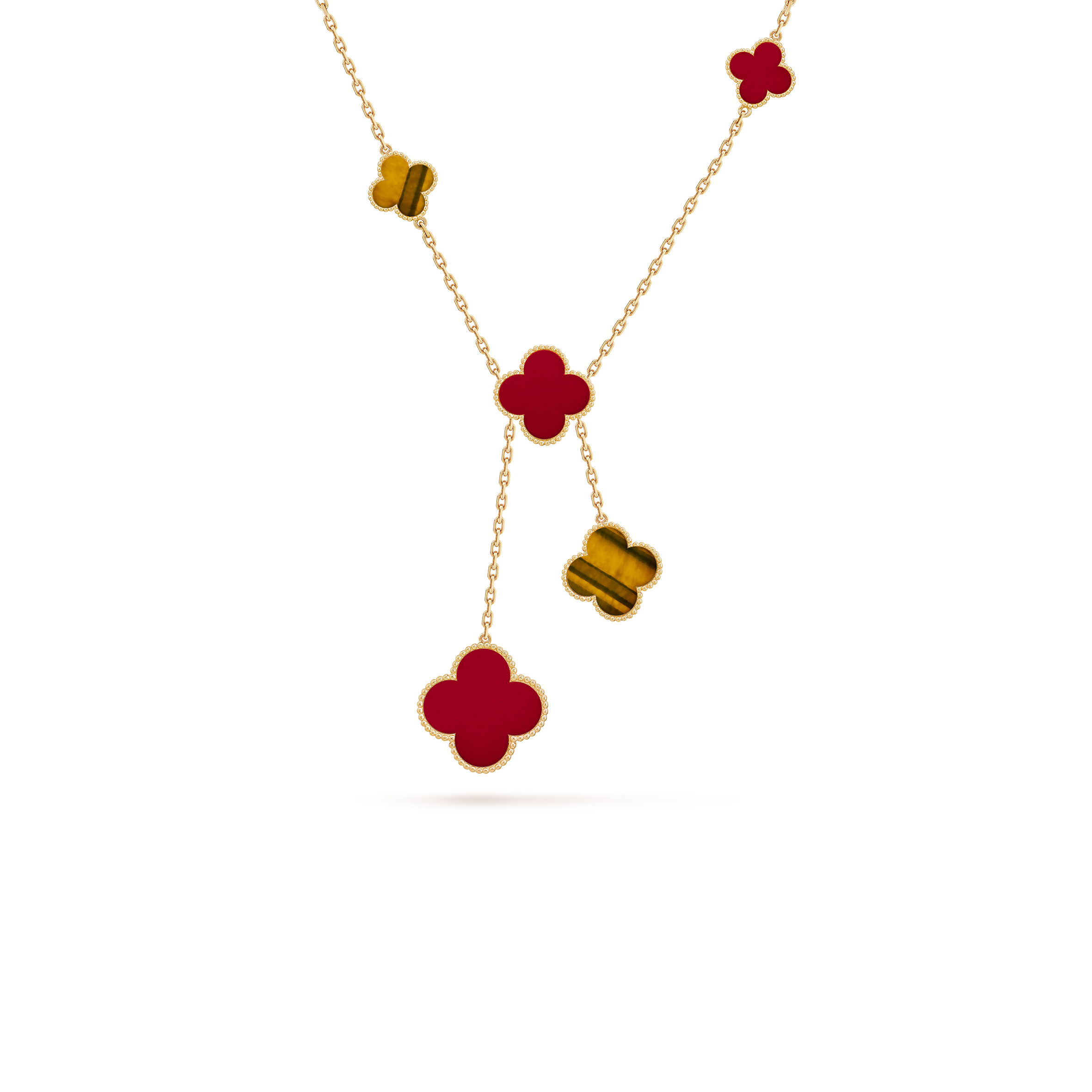 V*N CL*F arpels magic alhambra necklace, 6 motifs - yellow gold, carnelian, tiger eye  vcarn5jp00
